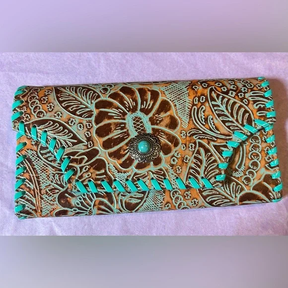 MYRA BAG Brown & Turquoise Floral Embossed Leather Wallet w/Turquoise Snap. NEW! - Picture 9 of 10